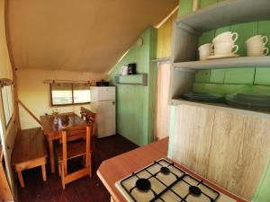 诺维格勒伊斯特拉Sunflower Camping的一间厨房和一间带炉灶的用餐室,位于一个小房子内