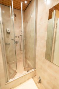 莱瑙Hotel Landgasthof Ratz的浴室里设有玻璃门淋浴