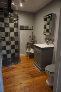 约克The Tickled Trout Inn Bilton-in-Ainsty的带淋浴、盥洗盆和卫生间的浴室