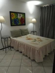 萨尔瓦多CASACOMPART itapuã的一张位于房间的床,配有两盏灯和墙上的绘画