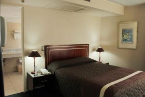 圣地亚哥莱昂纳多达芬奇酒店的一间酒店客房,配有一张床铺和一张桌子上的电话