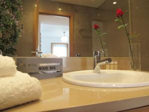 里斯本Panoramic in Travel, Parque das Nações的浴室水槽,花瓶和镜子