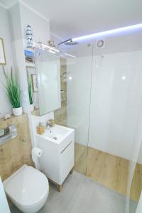 赫尔Wave in Hel的白色的浴室设有卫生间和淋浴。
