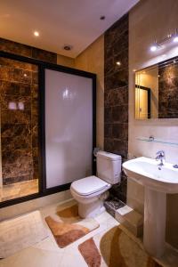 马拉喀什Hotel Toulousain的一间带卫生间、水槽和镜子的浴室