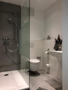 纽法恩安德尔施茨酒店的一间带卫生间和玻璃淋浴间的浴室