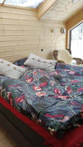 锡尔卡Polar Lights Lodge的一间卧室配有一张带蓝色棉被的床