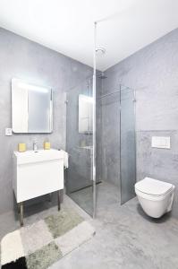 弗尔赫拉比Mountain Apartment Vrchlabi的浴室配有卫生间、盥洗盆和淋浴。