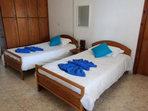 Ayia MarinaAnastasia Apartment的客房内的两张床和蓝色枕头