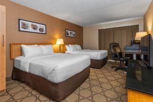 魁北克市机场东部康福特茵酒店的酒店客房设有两张床、一张桌子和一台电视。