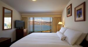 普诺GHL Hotel Lago Titicaca的一间卧室设有一张大床和一个大窗户