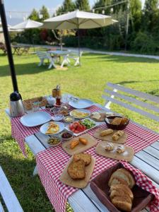 伊兹密尔La Casa Verde Bungalows的一张野餐桌,上面有食物,放在红白毯子上