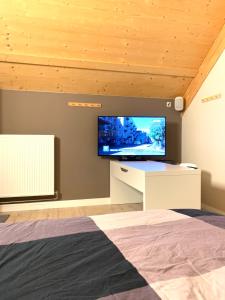 穆斯克龙Ecolodge Zen Otra Cosa的卧室配有壁挂式平面电视