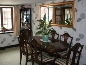 Llanbrynmair老学校之家住宿加早餐酒店的餐桌,配有盆栽和镜子