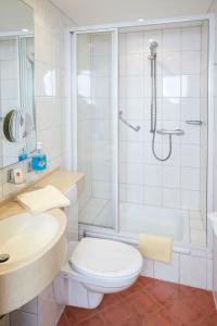 Lutzerath马斯酒店-餐厅的带淋浴、卫生间和盥洗盆的浴室
