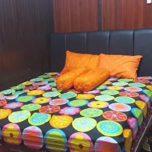 庞卡兰布翁Mimi Guest House Syariah Pangkalan bun的一张带色彩缤纷的被子和枕头的床