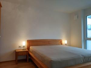 腓特烈港Apartment "SUN"的一间卧室配有一张床和两张带台灯的桌子。