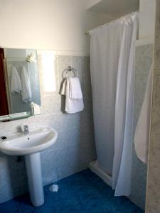 罗萨里奥港塔马塞特酒店的一间带水槽和淋浴帘的浴室