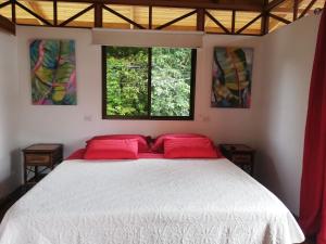 乌维塔Ibiza Tropical Beach Villas的一间卧室配有一张带红色枕头的床和两个窗户。