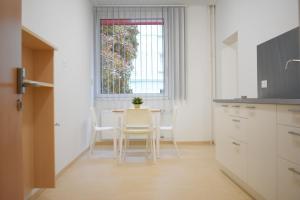 林茨城市索维亚酒店的厨房配有桌椅和窗户。