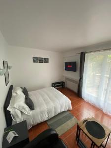 茹伊昂若萨Appartement 2 pièces neuf et indépendant的卧室配有一张床,墙上配有电视。
