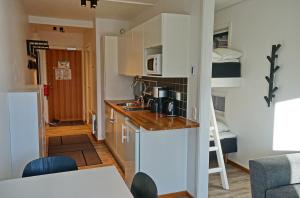 里克斯格伦森Arctic Lodge的一间带柜台的小厨房和一间带床的房间