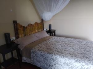 Cabeza la VacaAlojamiento Rural Camino Beturia的一间卧室配有一张带木制床头板的床