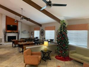 HastingsNichols Inn & Suites的客厅配有圣诞树和壁炉