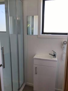 RivertonRiverton Holiday Park的一间带水槽和玻璃淋浴的浴室
