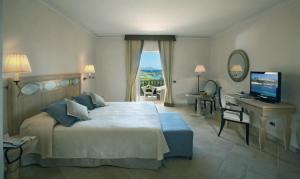 切尔沃港佩特拉比安卡酒店的一间卧室配有一张床、一张书桌和一台电视