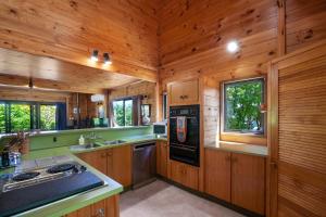 陶波Lake Terrace Lockwood的厨房配有木制橱柜和炉灶烤箱。