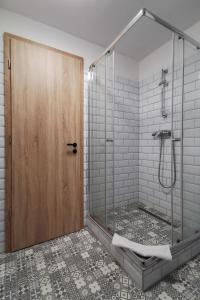 克塞洛Tó-Part Panzió Kőszeg的浴室里设有玻璃门淋浴
