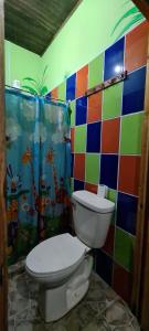 托尔图格罗Hostel Tortuguero 7BackPackers的一间带卫生间的浴室和彩色瓷砖墙
