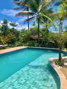 伊塔卡雷Bromélia Blue的一座拥有蓝色海水和棕榈树的游泳池