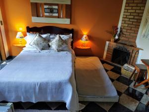 维奥康德马奥Pousada Amor Perfeito的一间卧室配有一张带两盏灯的床和一个壁炉