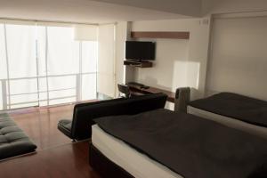 科帕卡巴纳托雷斯的科帕卡巴纳昂克尔酒店的一间卧室配有一张床、一张沙发和一台电视。