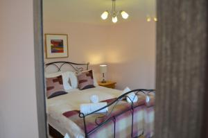 水上伯顿Darly Cottage的一间卧室配有一张床和镜子