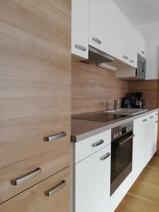 艾奇Appartement Alpenglück的一间厨房,配有白色家电和木墙