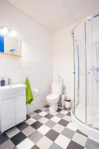 格但斯克Moon Hostel Gdańsk的浴室配有卫生间、盥洗盆和淋浴。