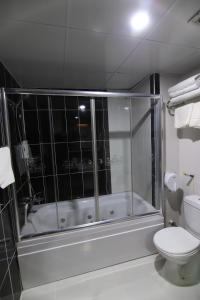 BostaniçiSARDUR HOTEL的带淋浴、卫生间和浴缸的浴室