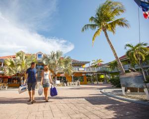 格雷斯湾卡尔港康福特套房度假酒店的沿着一条棕榈树街道走的男人和女人
