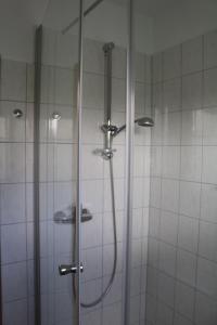 德雷施维茨Ferienwohnung-Moorberg-mit-schoener-Terrasse-in-ruhiger-Lage的浴室里设有玻璃门淋浴