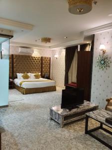 哈费尔巴廷Al Hreer Hotel的大型酒店客房设有一张床和一台电视机