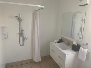 特威泽尔Twizel Central Studio Accommodation的带淋浴、盥洗盆和镜子的浴室