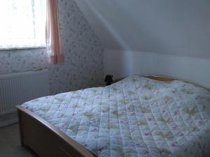 FlöhaHaus-Sonne的一间卧室配有一张带床罩的床和窗户