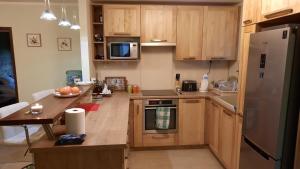 松博特海伊Aranypatak apartmanház的厨房配有木制橱柜、桌子和冰箱。
