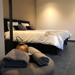 亨克Huis Berenbroek的卧室配有床和毛巾,位于地面。