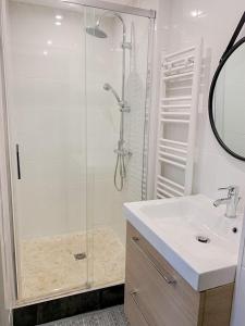 塞莱斯塔La Tour des Chevaliers的一间带玻璃淋浴和水槽的浴室