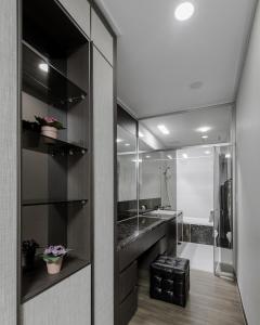 阿斯塔纳Elite apartments的设有带步入式淋浴间和盥洗盆的浴室