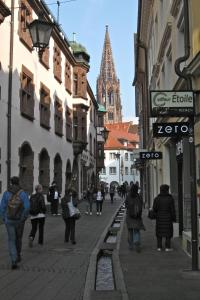 弗莱堡FeWo - Mitten In Freiburg的一群人沿着城市街道走着