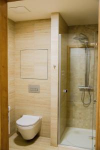上马尔绍夫Apartmán PMR的一间带卫生间和玻璃淋浴间的浴室